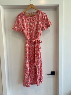 NWT White Stuff Reversible Eco Pink Bird Floral Tie-Waist Midi Dress UK 12